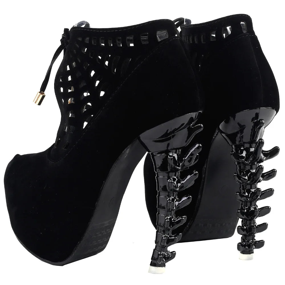 Punk Black Spider Web Lace-Up Platform Bone Heel Ankle Boots