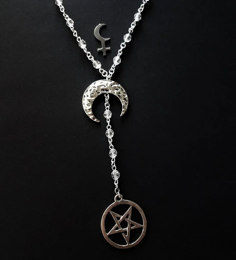 Gothic Moon and Pentagram Rosary Necklace