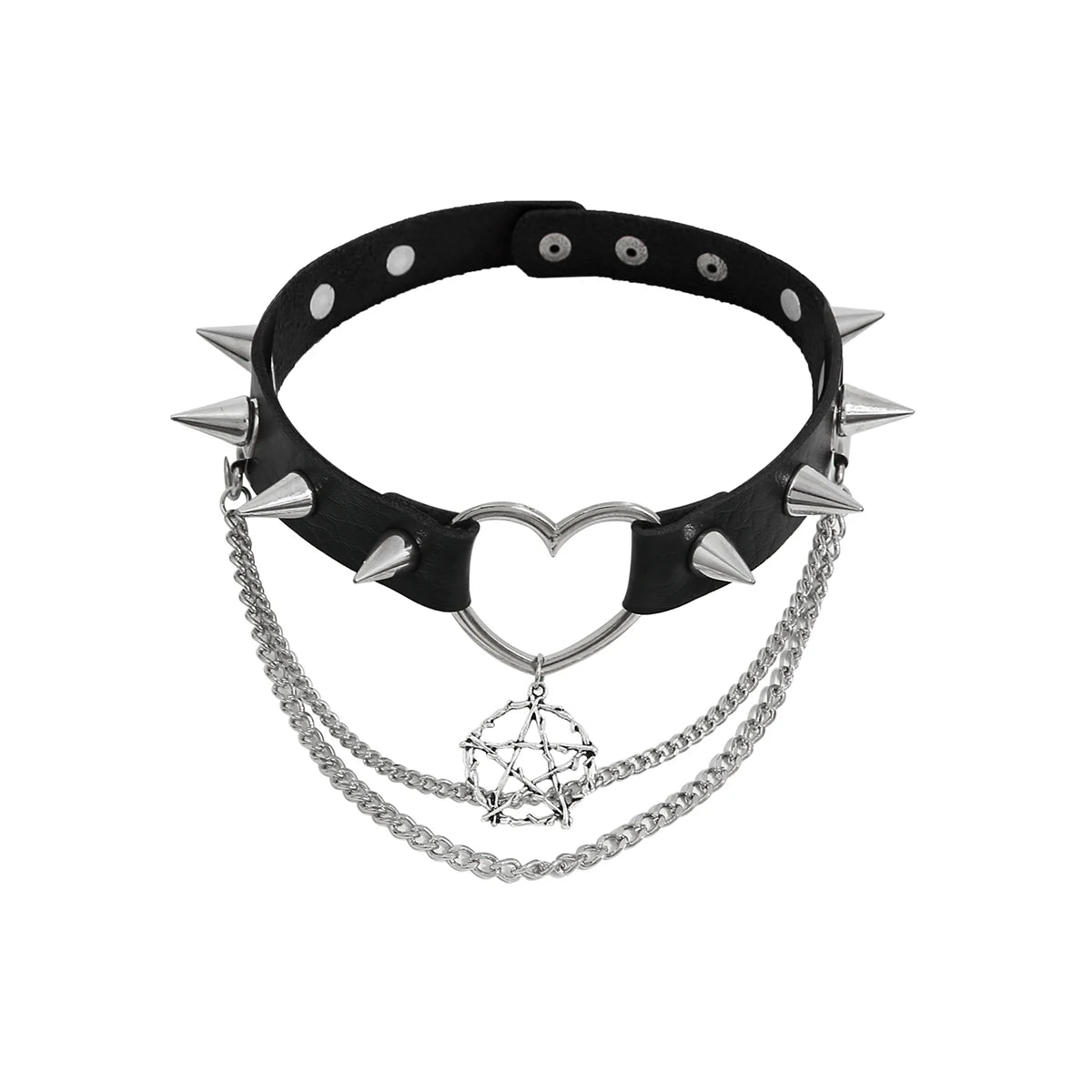 Pentacle Chain Layer Spiked Goth Choker Necklace