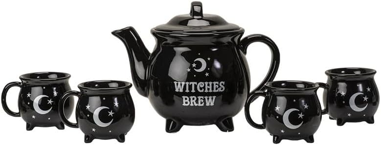 Witches Brew Black Cauldron Teapot And 4 Mugs