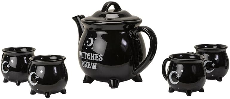 Witches Brew Black Cauldron Teapot And 4 Mugs