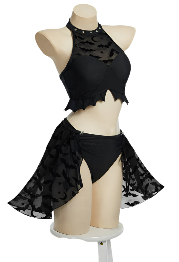 Nocturnal Waves Gothic Black Bat Two Piece Bikini Swimsuit with Detachable Cover