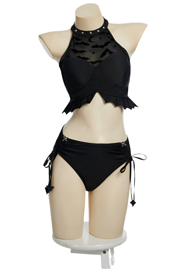 Nocturnal Waves Gothic Black Bat Two Piece Bikini Swimsuit with Detachable Cover