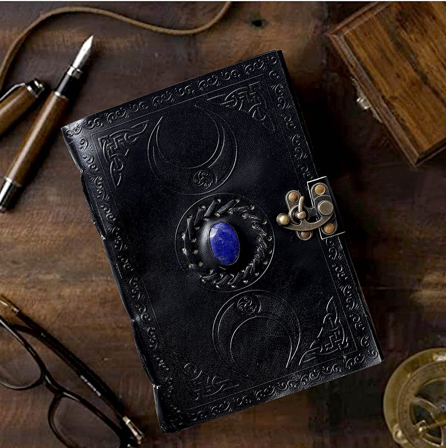 Tripple Moon Blue Lapiz Embossed Vintage Leather Journal