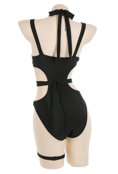 Black Cross Bondage Garter Buckle One Piece Swimsuit