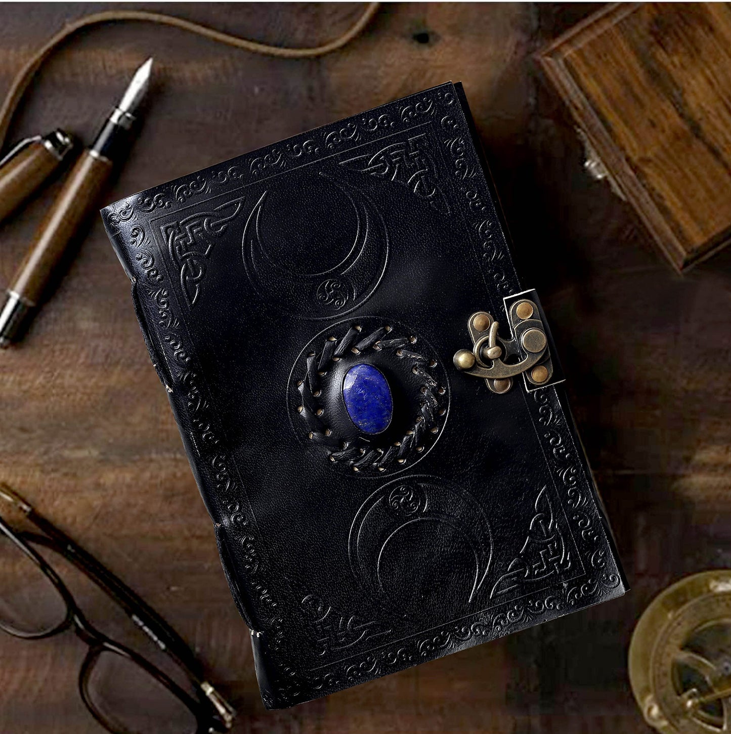 Tripple Moon Blue Lapiz Embossed Vintage Leather Journal