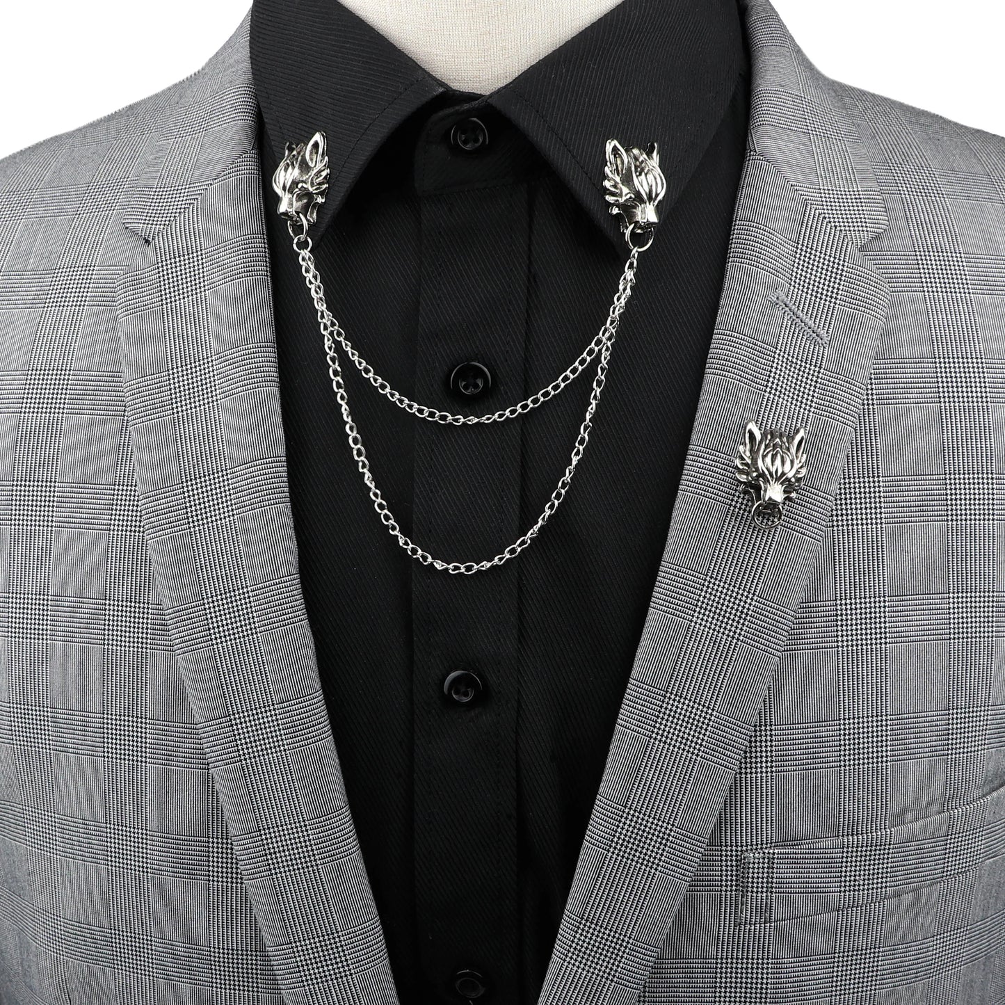 Wolf Heads Chain Tassel Collar Lapel Pin