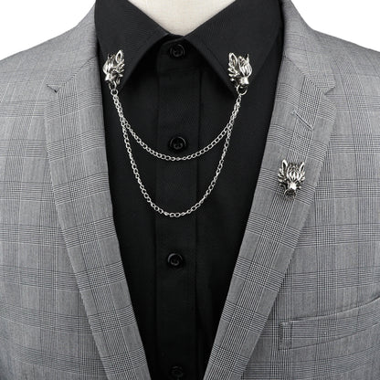 Wolf Heads Chain Tassel Collar Lapel Pin