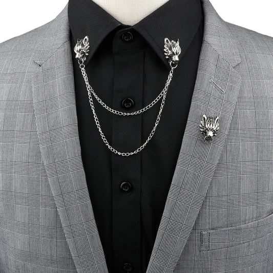 Wolf Heads Chain Tassel Collar Lapel Pin