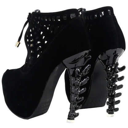 Punk Black Spider Web Lace-Up Platform Bone Heel Ankle Boots