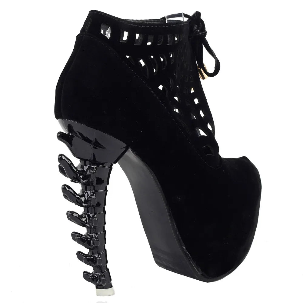 Punk Black Spider Web Lace-Up Platform Bone Heel Ankle Boots