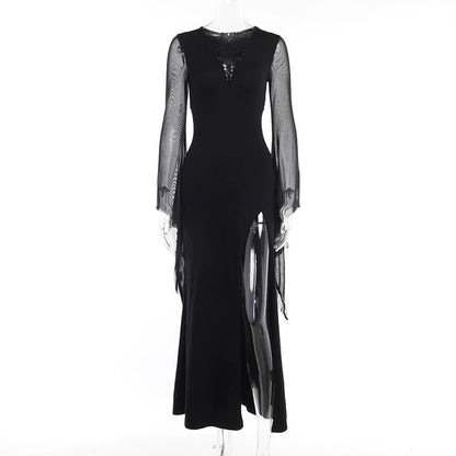 Long See Through Bell Sleeve Leg Slit Gothic Dress