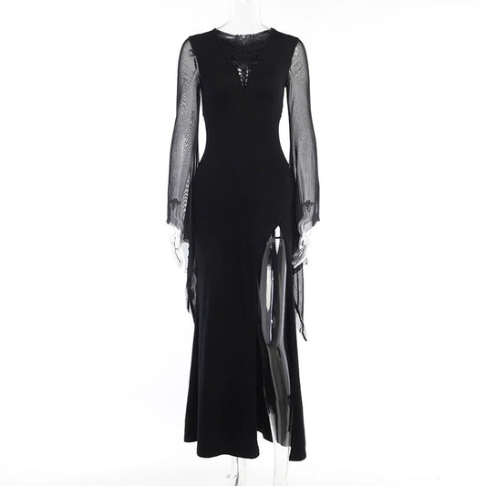 Long See Through Bell Sleeve Leg Slit Gothic Dress