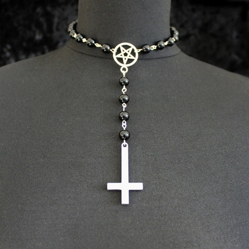 Gothic Inverted Cross Pentagram Choker Rosary