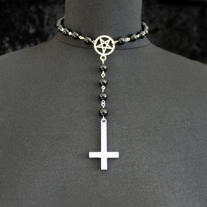 Gothic Inverted Cross Pentagram Choker Rosary