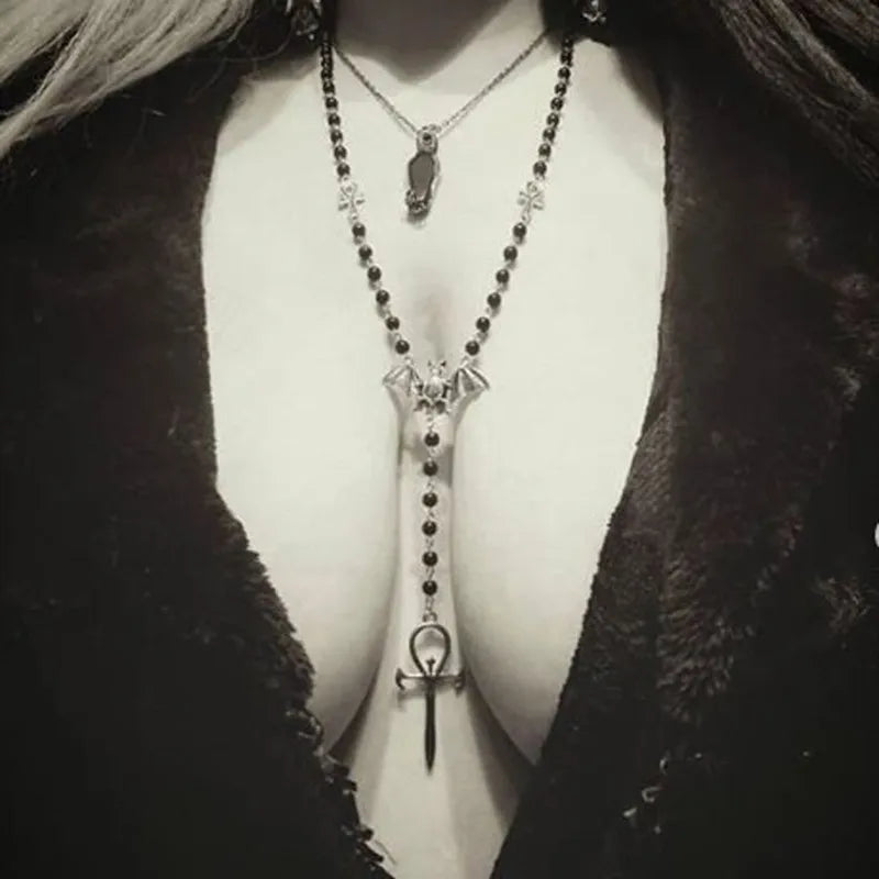 Ankh Bat Rosary Necklace
