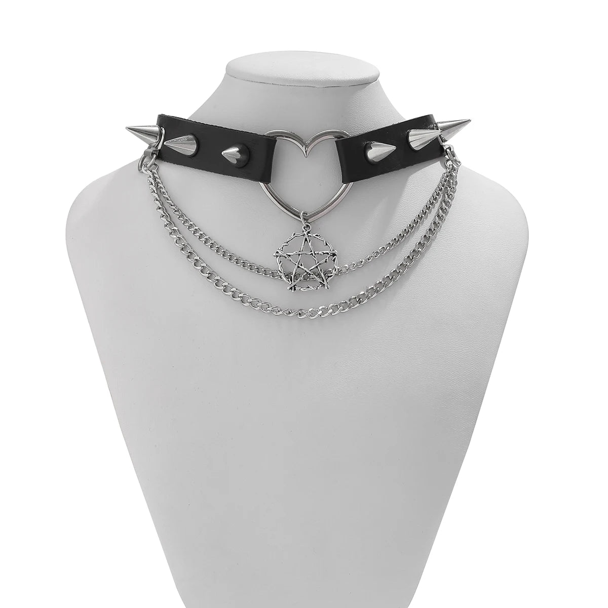 Pentacle Chain Layer Spiked Goth Choker Necklace