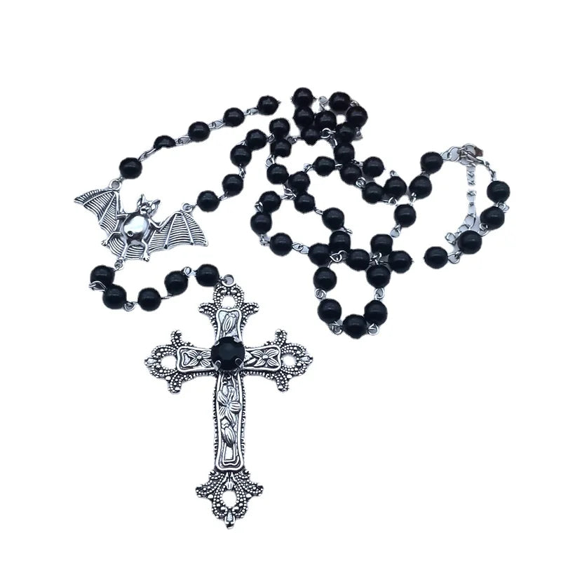 Gothic Cross Bat Rosary Necklace