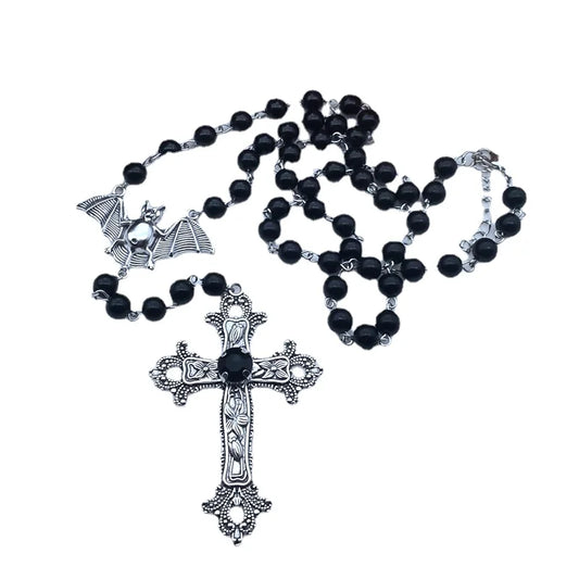 Gothic Cross Bat Rosary Necklace