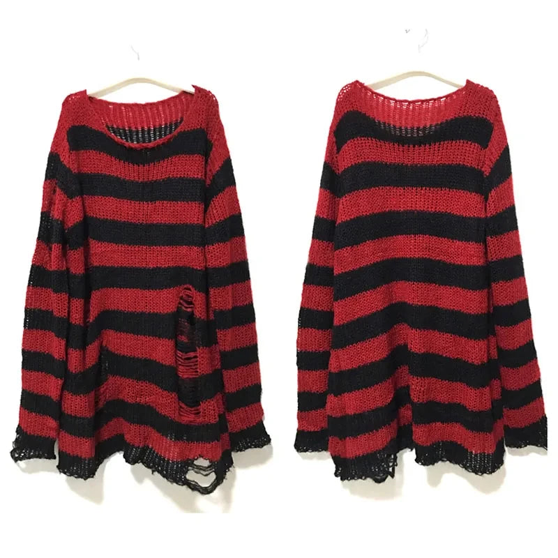 Punk Long Distressed Striped Sweater