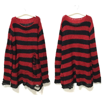 Punk Long Distressed Striped Sweater