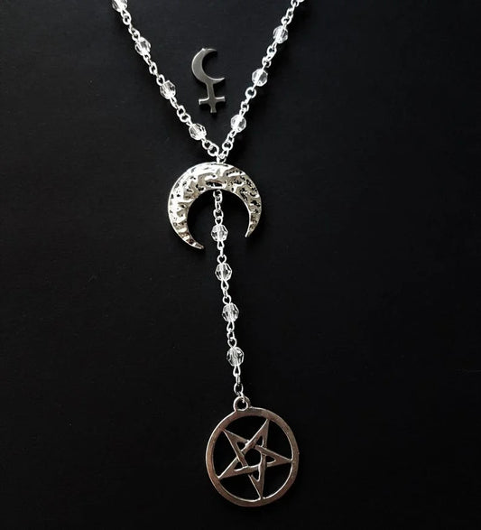 Gothic Moon and Pentagram Rosary Necklace