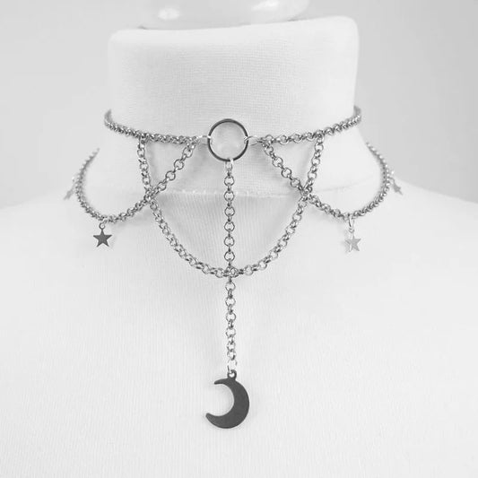 Goth Dainty Chain Crescent Moon and Stars Choker Necklace