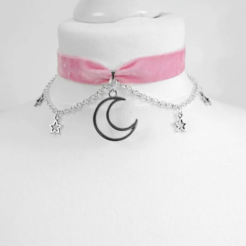 Goth Crescent Moon and Stars Choker Necklace