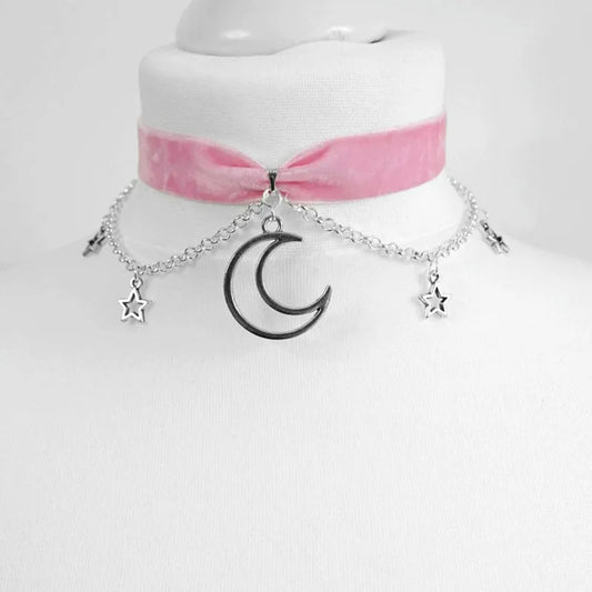 Goth Crescent Moon and Stars Choker Necklace
