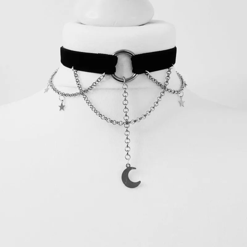 Goth Dainty Chain Crescent Moon and Stars Choker Necklace