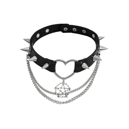 Pentacle Chain Layer Spiked Goth Choker Necklace
