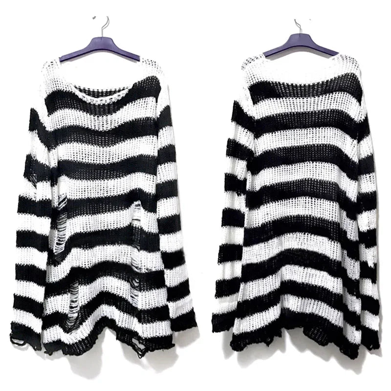 Punk Long Distressed Striped Sweater