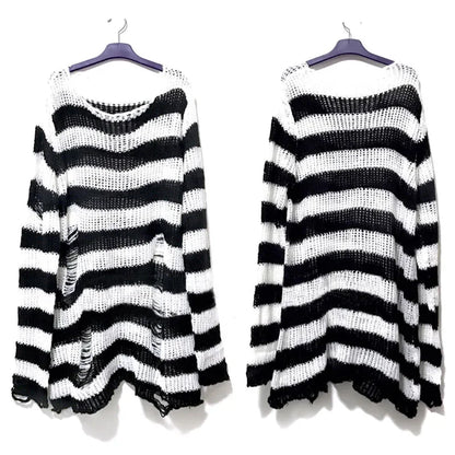 Punk Long Distressed Striped Sweater