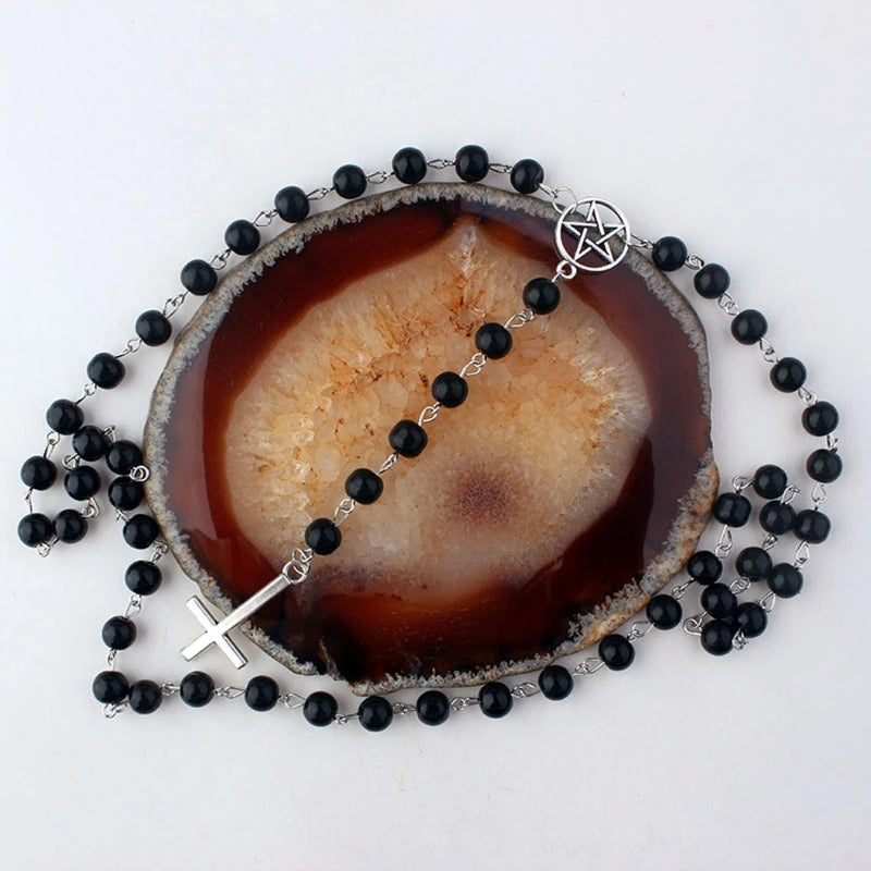 Gothic Inverted Cross Pentagram Choker Rosary