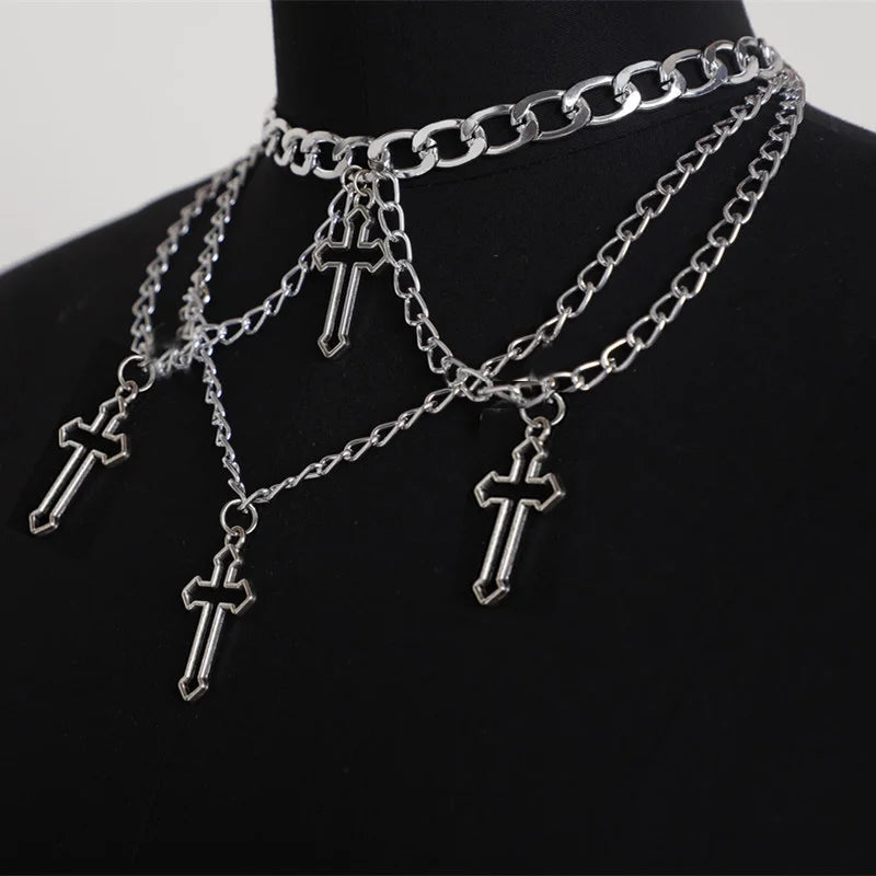 Gothic Cross Multi-Layer Choker Necklace