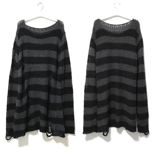 Punk Long Distressed Striped Sweater