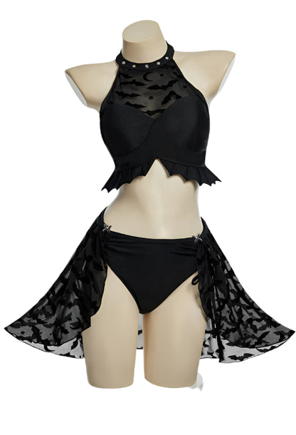 Nocturnal Waves Gothic Black Bat Two Piece Bikini Swimsuit with Detachable Cover