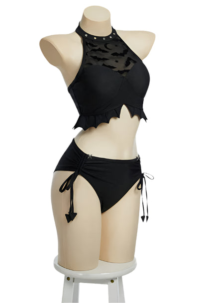Nocturnal Waves Gothic Black Bat Two Piece Bikini Swimsuit with Detachable Cover